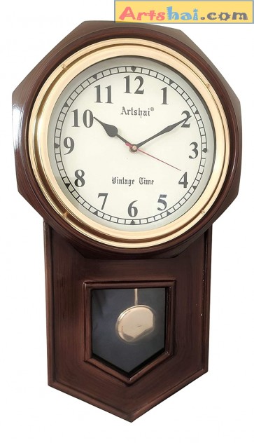 Artshai Pendulum Wall Clock Wooden with Brass Ring, 20 inch Height, 9 inch dial