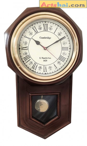 Artshai Designer Pendulum Wall Clock Wooden with Brass Ring, 20 inch Height, 9 inch dial, Roman Numbers(Brown)