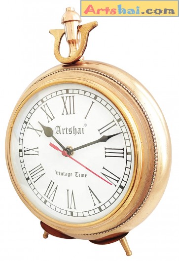 Artshai Antique Style 12 inch Table Clock, 7 inch Diameter .Vintage Metal Desk Clock.White dial Golden Body.Desk Clock