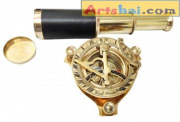 Artshai 6 inch Pocket Brass Telescope with Lens Cover and 3 inch Sundial Compass Combo.Made by Pure Brass.