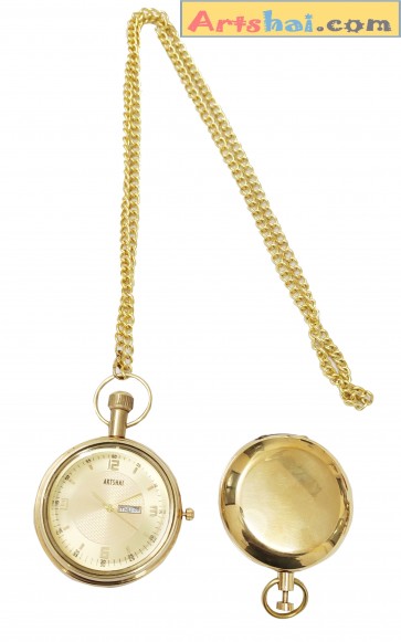Artshai Brass Pocket Watch with Date and Day Calendar Feature and Push Button Magnetic Compass
