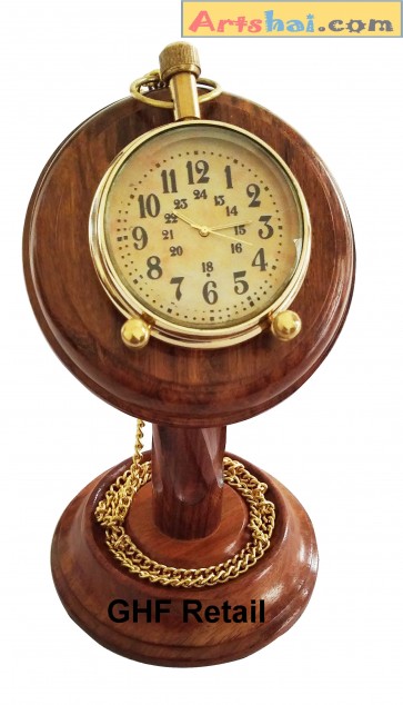 Artshai Antique Pocket Watch Cum Table Clock with sheesham Wood Stand, Unique Gifts
