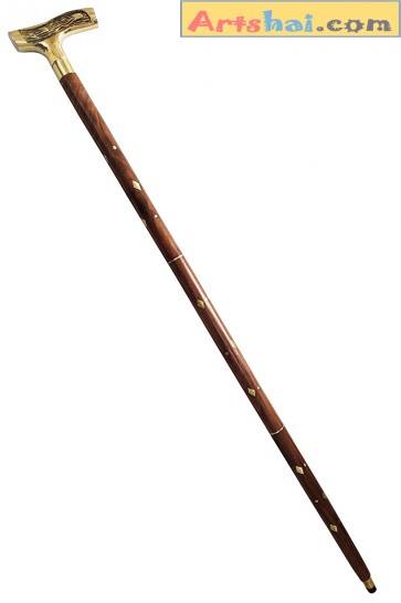 Artshai Sheesham Wood (Folding) Walking Stick with Brass Handle, Handicraft Walking Stick Size: 36 inch