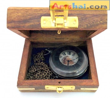  Artshai beautiful pocket watch with chain and wooden box.Antique style gandhi pocket watch