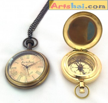 Artshai Beautiful Pocket Watch and Push button Magnetic Compass Combo 