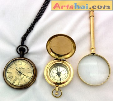 Artshai Combination of Pocket Watch + Magnetic Compass and Magnifying Glass, Quality Brass products