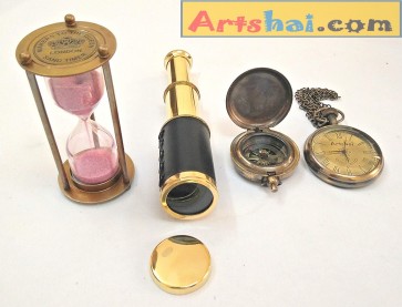 Artshai Combo Of Telescope, Hourglass, Magnetic Compass And Pocket Watch With Sheesham Wood Box 