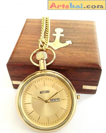 Artshai Golden Pocket Watch with Wooden Box 