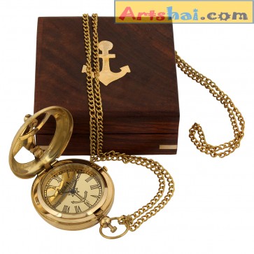 Artshai Premium Sundial design Golden Pocket Watch with chain.
