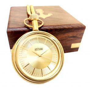 Artshai Antique Pocket Watch with Chain and Wooden Box.Vintage Brass Pocket Watch with Long Chain