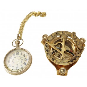  Artshai Brass Combo of Pocket Watch and Sundial Compass 3 inch Golden sunclock Unique Gifts