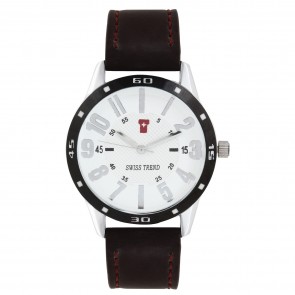Swiss Trend Original Elegant white dial mens wrist watch, Genuine brown leather.Artshai1602