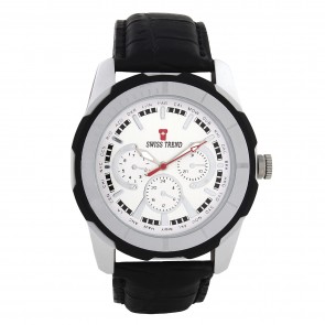 Swiss trend  celebrity design Mens watch. White dial and black leather. Artshai1614.