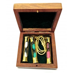 Artshai gifting set of 3 colour brass Hourglass keychain with sheesham box. Corporate, Nautical and Vintage Gifting